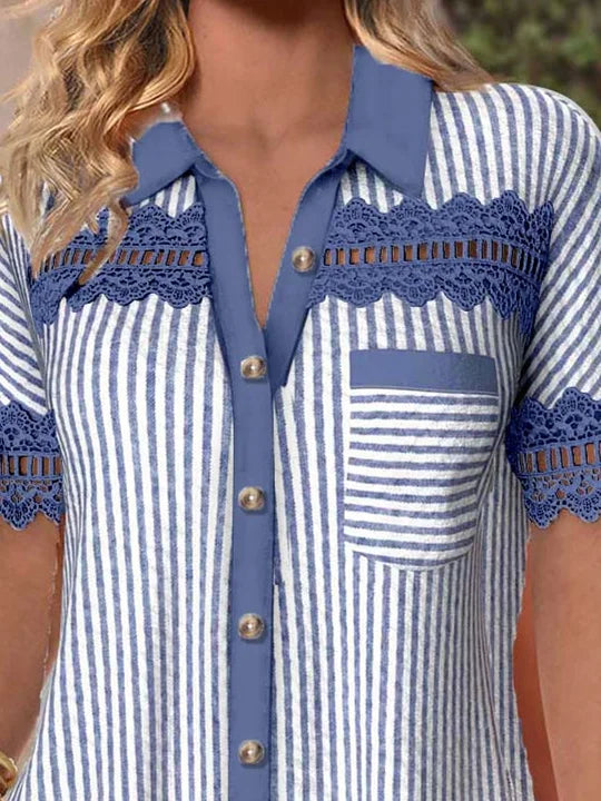 Plus Size Women Short Sleeve V-neck Striped Printed Graphic Lace Hollow Stitching Button Tops Blouse