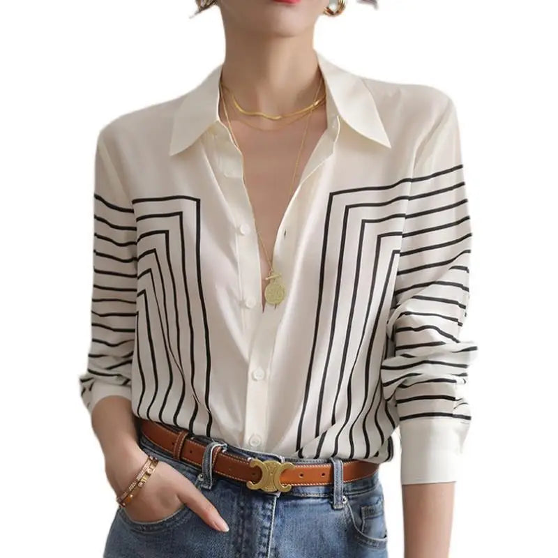 Fashion Printed Lapel Button Loose Striped Shirt Women's Clothing 2022 Autumn New Casual Tops All-match Office Lady Blouse