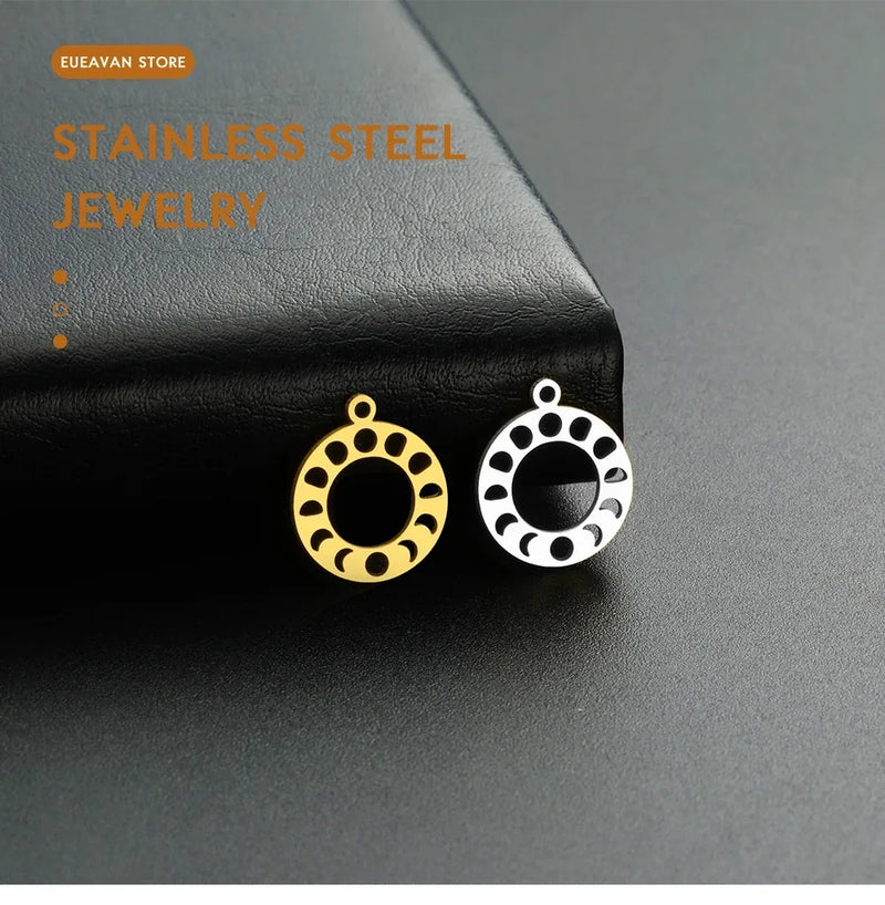 EUEAVAN 5pcs Moon Phase Sun Cat Stainless Steel Pendant Planet Animal Charms Women Necklace Earrings Jewelry Making Supplies DIY