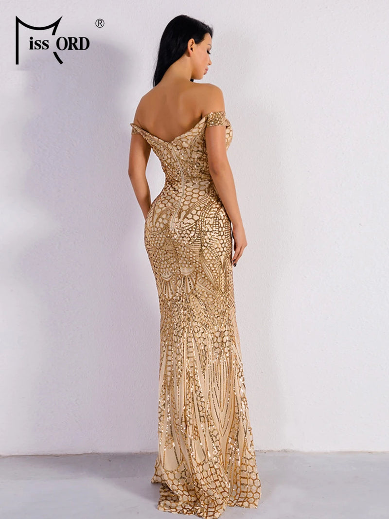 Missord Gold Long Evening Dress Elegant Women Off Shoulder Sequin Backless Bodycon Maxi Wedding Party Prom Dresses Ladies Gown