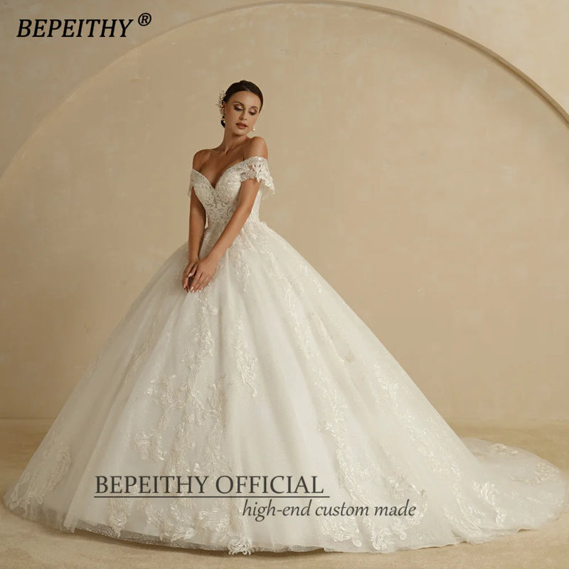 BEPEITHY Off Shoulder Lace Wedding Dresses 2022 For Women Sleeveless Vintage Shinny Glitter Bridal Ball Gown Vestidos De Novia
