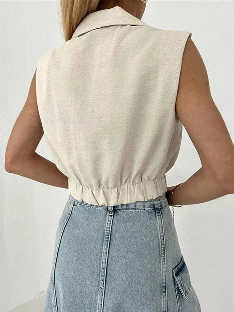 2024 Summer Women Solid Khaki Linen Tank Tops Sleeveless V-neck Vest Crop Tops For Women Female