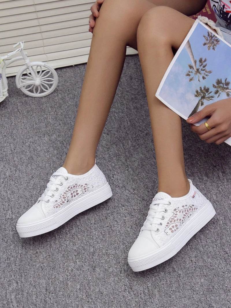 Women Shoes 2022 Fashion Summer Casual White Shoes Cutouts Lace Canvas Hollow Breathable Platform Flat Shoes Woman Sneakers