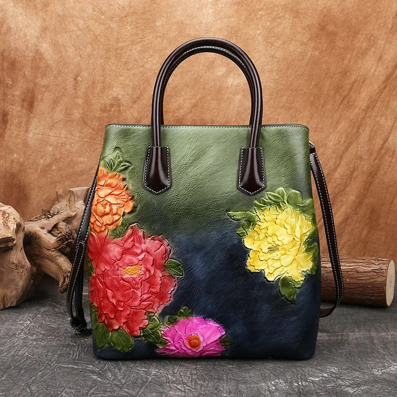 MOTAORA Retro Women Bag Vintage Bucket Shoulder Bags For Women 2024 New Handmade Embossed Leather Handbag Floral Tote Bag Female