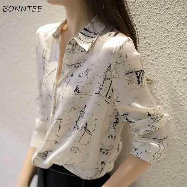 Shirts Women Print Graphic Spring Long Sleeve Ulzzang Temperament Popular All-match Loose Tops Design Female Clothes Casual Chic