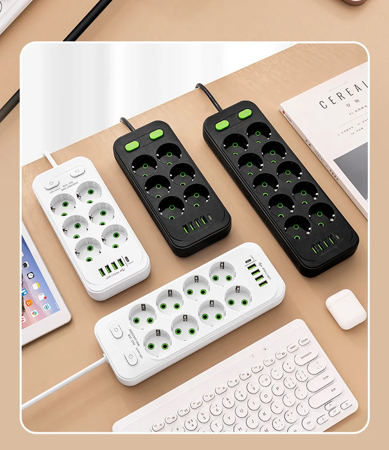 EU Plug AC Outlet Multitap Power Strip 2m Extension Cord Electrical Socket Smart USB Home Office Surge Protector Network Filter