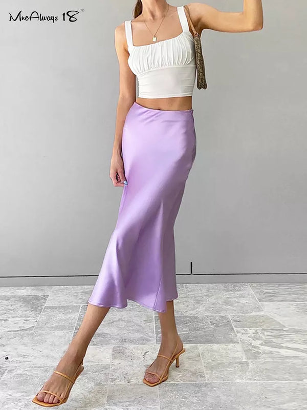 Mnealways18 Solid Purple Satin Silk Skirt Women High Waisted Summer Long Skirt New 2024 Elegant Ladies Office Skirts Midi Spring