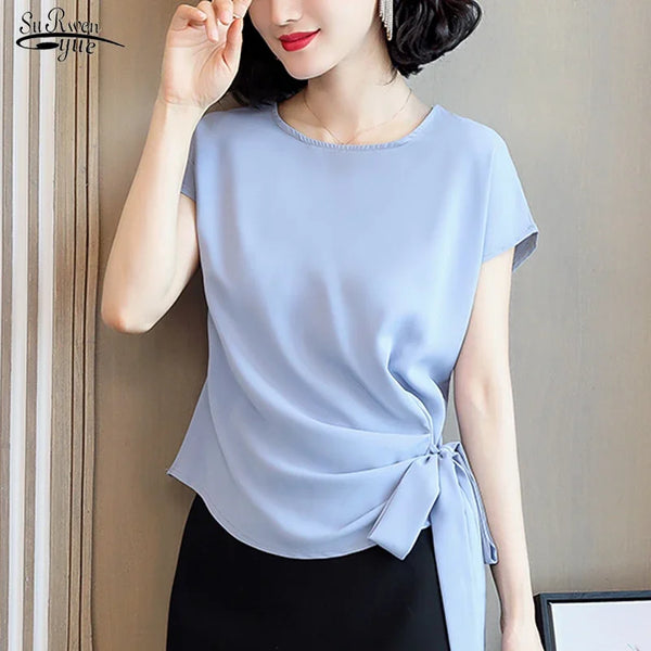 Summer Silk Short-Sleeved Women's Blouse And Tops Office Lady LooseSolid Bow Shirts Women Blusas Mujer De Moda 9899