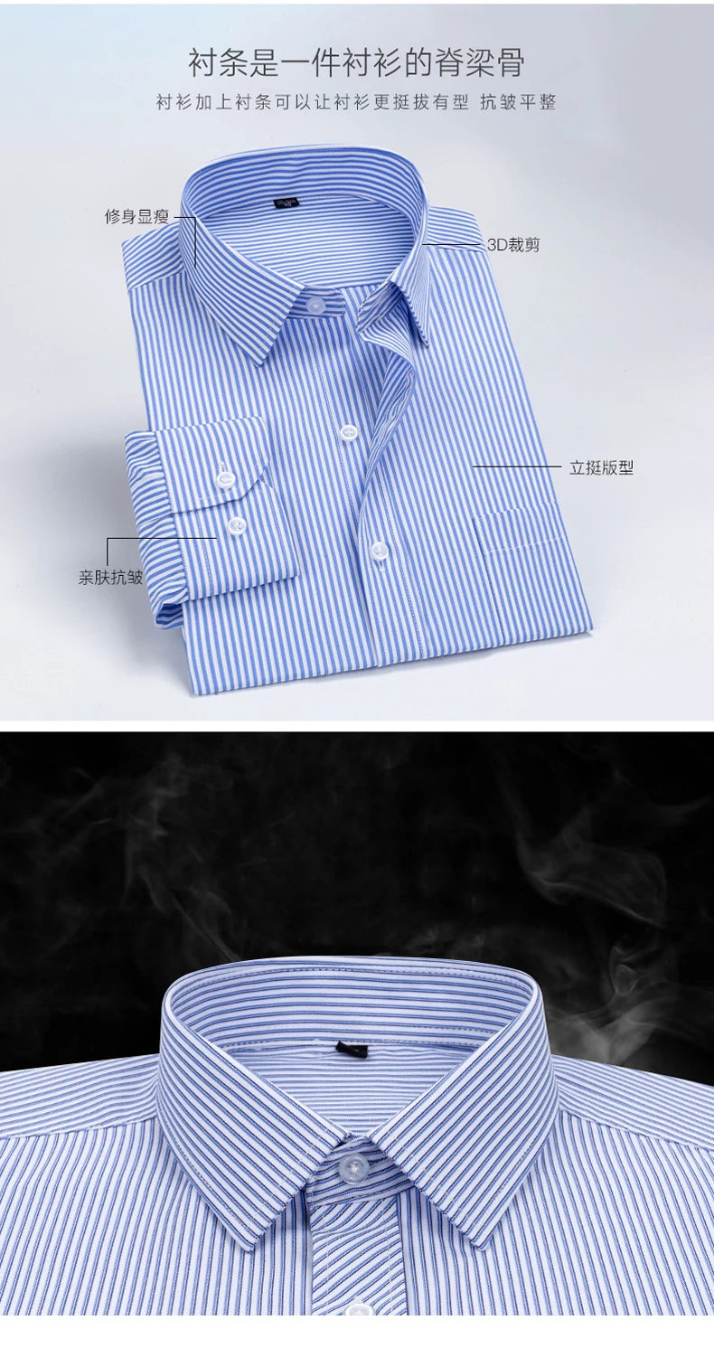 Cotton Men's Classic Long Sleeve Striped Basic Dress Shirts Single Patch Pocket Formal Business Standard-fit Office Social Shirt