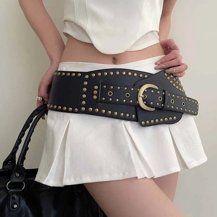 Vintage Punk Studded Belt  Chain Y2K Metal Pu Western Cowboy Wide Waistband Waist Belts Sexy Hiphop Men Skeleton Beaded Belt