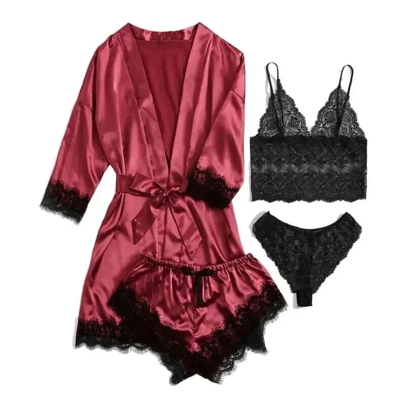 Women's Summer Fashion And Comfortable Nightwear Lace Satin With Silk Sleepwear Robe Sexy Pajama Pants Home Clothes