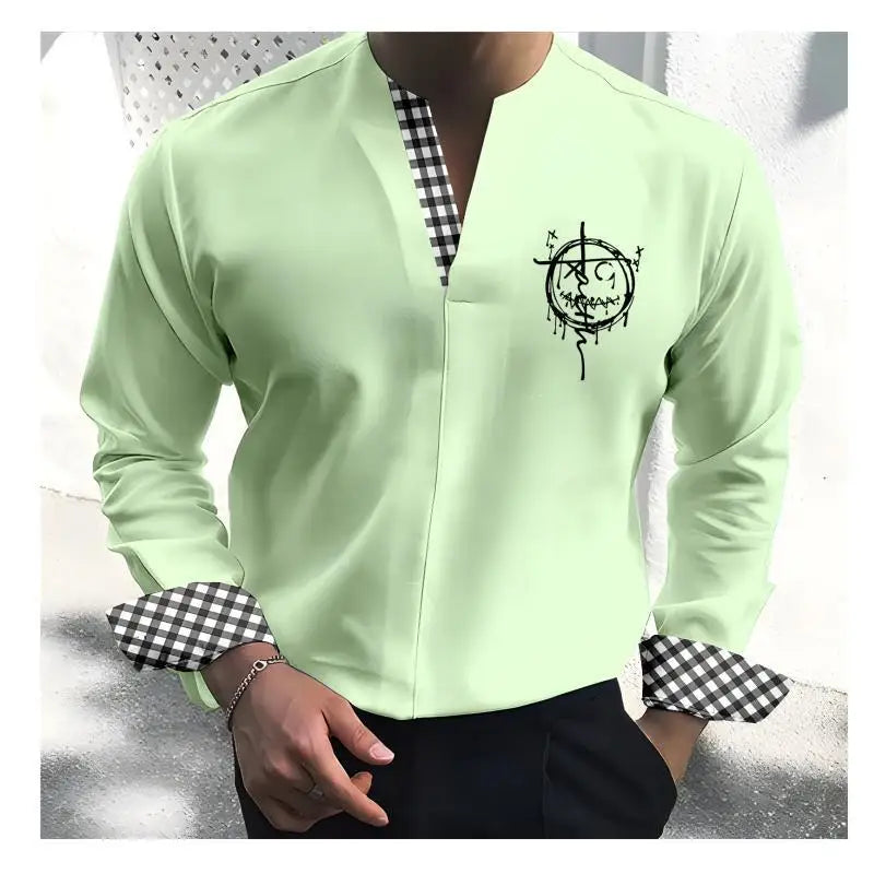 Spring Autumn New Men's Long Sleeved Solid T-shirt Casual Loose Men's T Shirt Male Clothes Breathable Stand V Collar Tees Tops