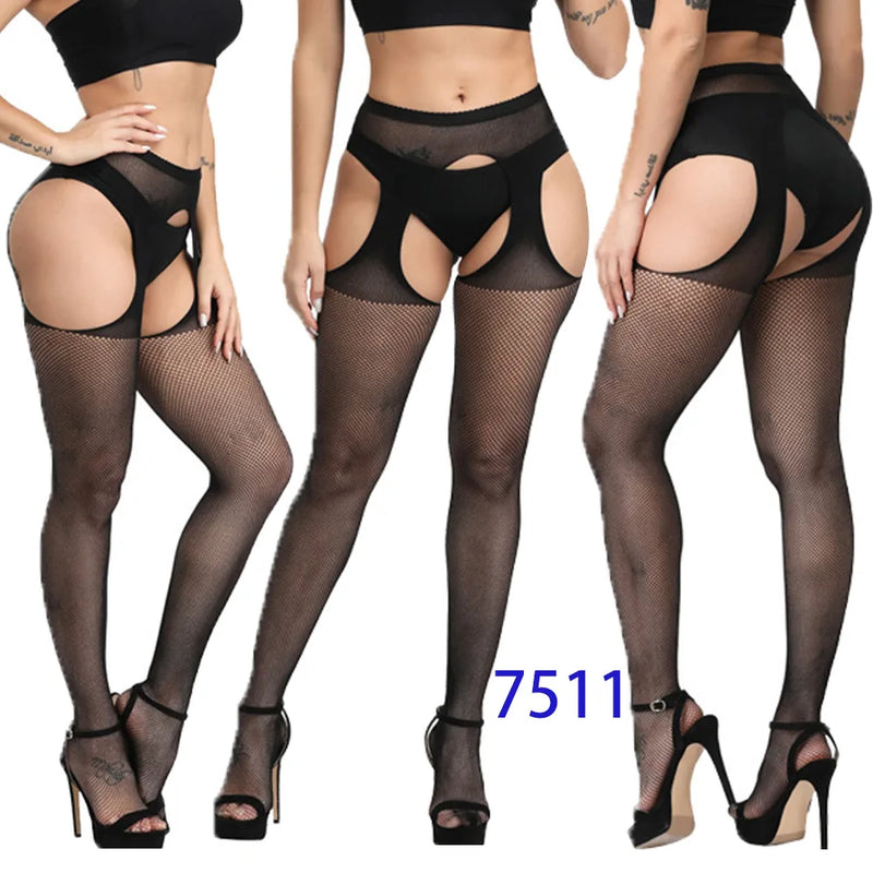 Sexy Women Fishnet Suspender Pantyhose Thigh-High Stockings Tights Stretchy High Erotic Stockings for Halloween Party Dress Up