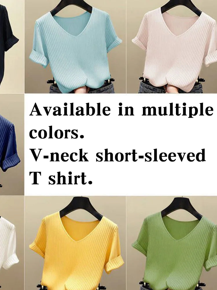 Women 2022 new V-neck short-sleeved T shirt Summer Thin Office Lady Cloth Short Sleeve slim Tops spring summer solid T-shirts