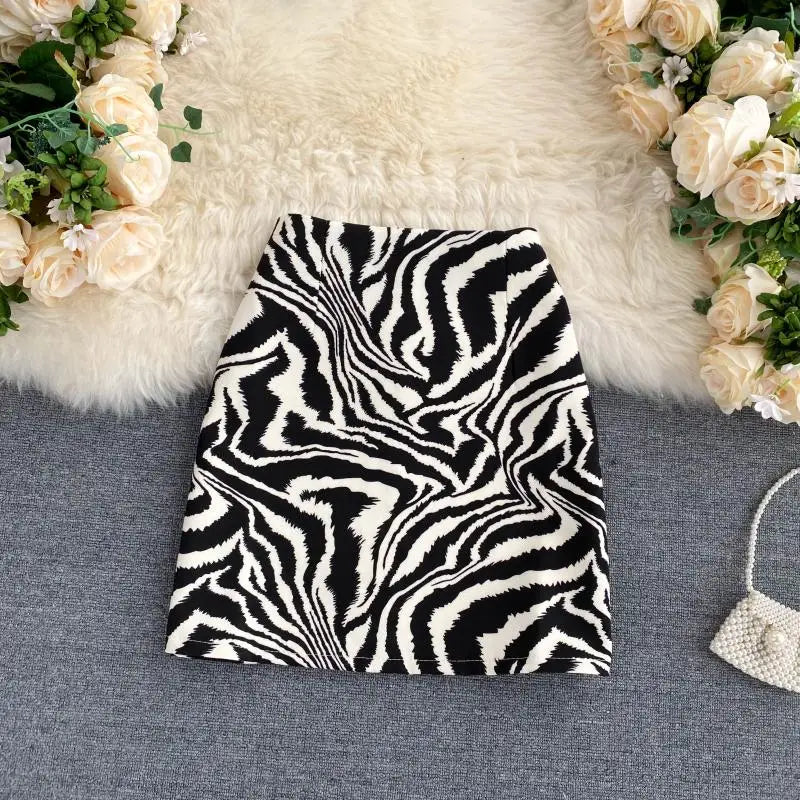 Korean Zebra Print Midi Skirt Women Autumn New Female A-line High Waist Loose Skirts Vintage Mini Skirt