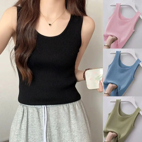 Summer Knit Vest Top Sleeveless O Neck Women Camisole Pure Color Black White T-shirt Slim Tank Top Casual Plain Tees Tank Top