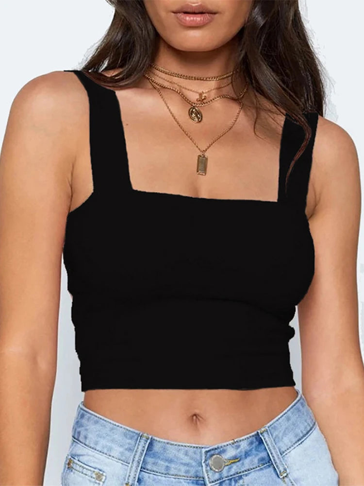 Square Neck Sleeveless Summer Crop Top White Women Black Casual Basic T Shirt Off Shoulder Cami Sexy Backless Tank Top