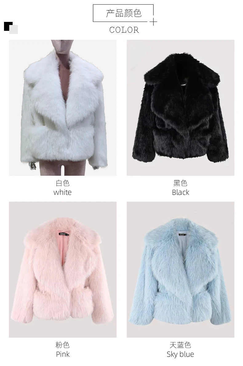 Nerazzurri Winter Short Loose Casual Hairy Soft Thick Warm Pink Faux Fur Coat Women with Big Collar and Pockets Fluffy Jacket