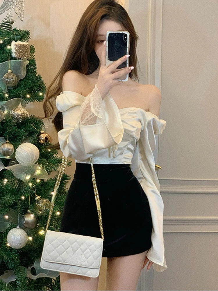 2023 Spring Long Sleeve Elegant Satin Blouse Women Slim Square Neck Y2k Clothing Korean Fashion Casual Shirts Office Lady Tops