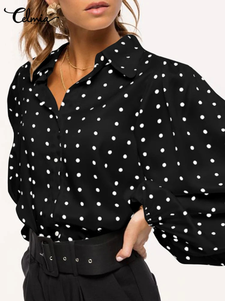 Celmia Fashion Tunics Women White Shirts 2023 Summer Polka Dot Elegant Blouses Button Loose Long Lantern Sleeve Lapel Party Tops