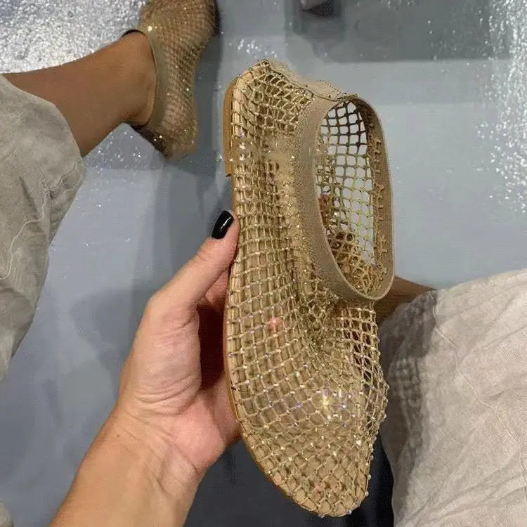 Women's New Luxury Brand Round Toe Flat Bottom Sandals Hollow Short Boots Water Diamond Sexy Flat Bottom Shoes