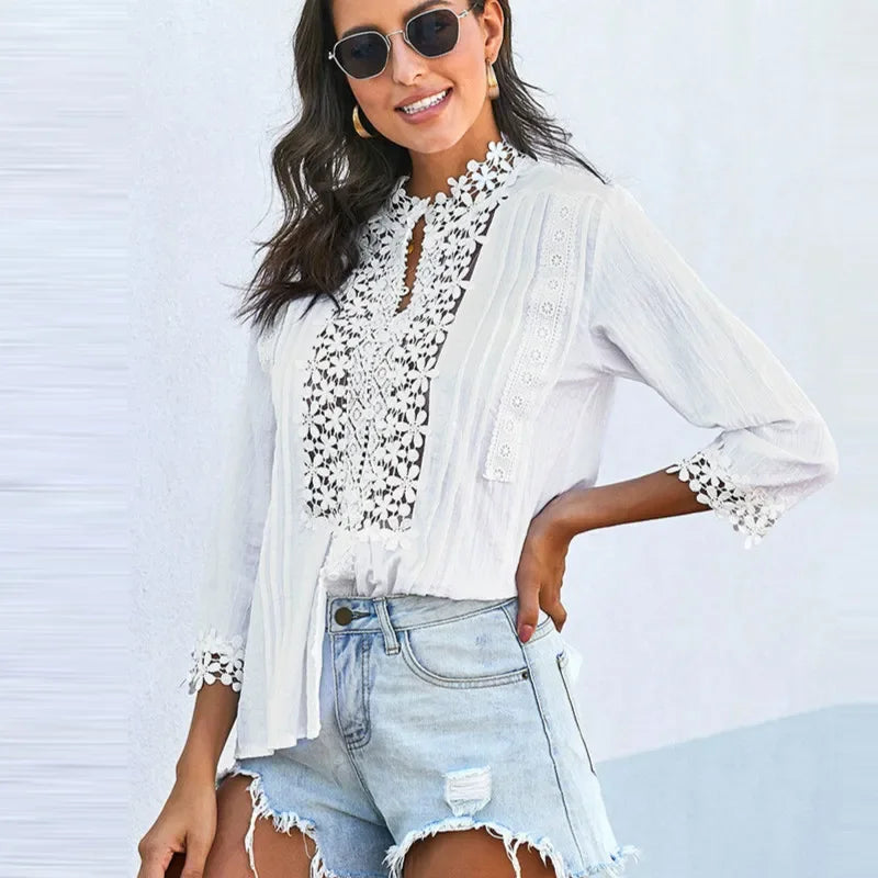 TEELYNN Loose 3/4 sleeve lace blouses shirt women vintage cotton Button v neck causal boho blusa 2020 autumn blouse femme top