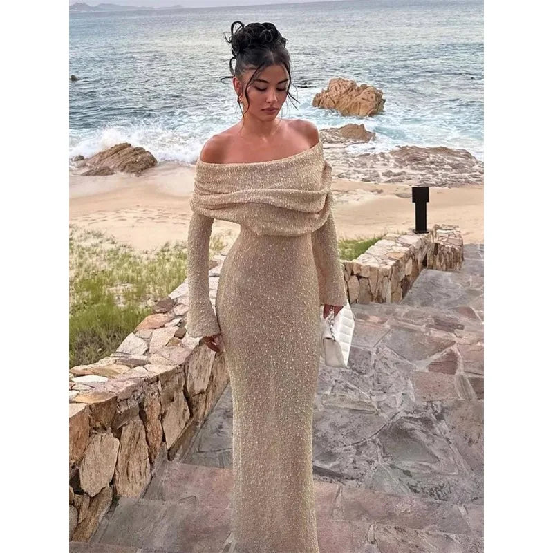 Tossy Knit Hollow Out Off-Shoulder Maxi Dress Female Cover up See-Through Sleeve Holiday Beach Party Dress Women Knitwear Dress