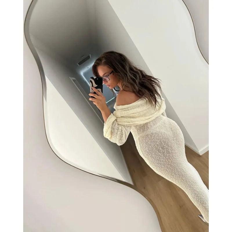 Tossy Knit Hollow Out Off-Shoulder Maxi Dress Female Cover up See-Through Sleeve Holiday Beach Party Dress Women Knitwear Dress