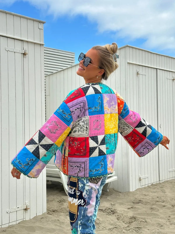 Women Retro Patchwork Print Crop Quilted Jacket Chic Ruffles Edge Long Sleeves Oversized Cotton Coat Autumn Lady High Streetwear