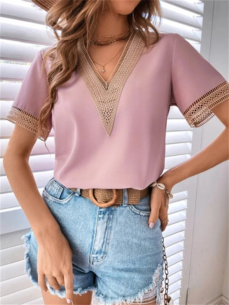 2022 Fashion Women Summer Solid Color Shirts Blouse Hollow Out Design Lace Decor V-Neck Short Sleeve Casual Loose Pullovers Tops