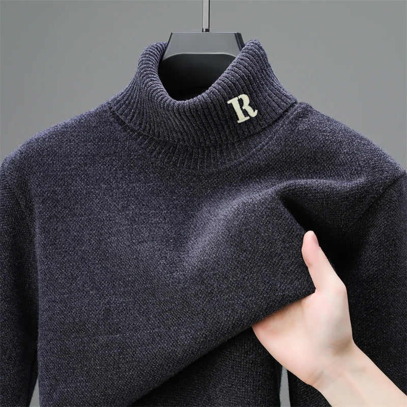 Luxury brand sweater men's high neck designer new trend R embroidery casual Korean top winter plush thick warm knitted pullover