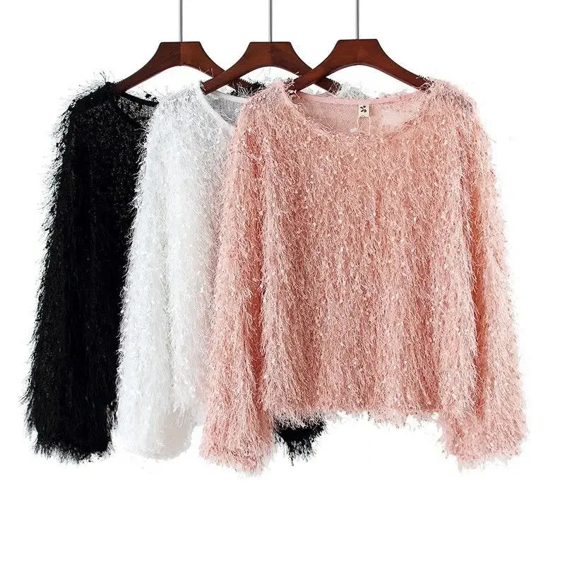 Blouse Women Tassel Long Sleeve Top O-neck Short Furry Blusas Ropa De Mujer