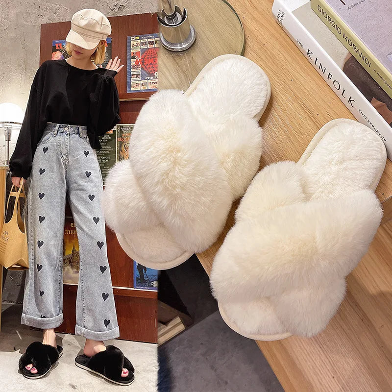 2023 Winter Women Home Indoor Casual Slippers Female Flip Flops Fluffy Shoes Cross Design Slides Ladies Soft Warm Plush Slipper