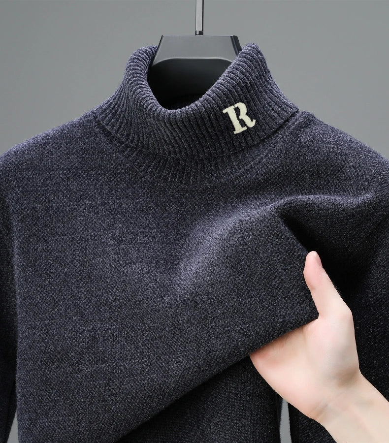 Luxury brand sweater men's high neck designer new trend R embroidery casual Korean top winter plush thick warm knitted pullover