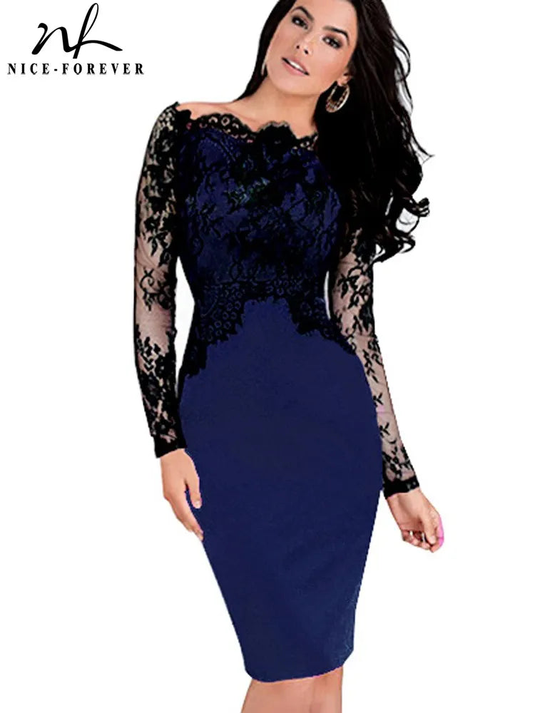 Nice-forever Off-Shoulder Gorgeous Vintage Dress Sexy Slash Neck Lace Top Long Sleeve Zipper Club wear Casual Pencil dress 803