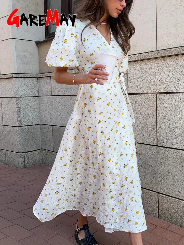 Casual Women's Summer Dresses 100% Cotton Floral Print A-line Midi Dress with Side Slits Long Elegant White Dress for Women 2024