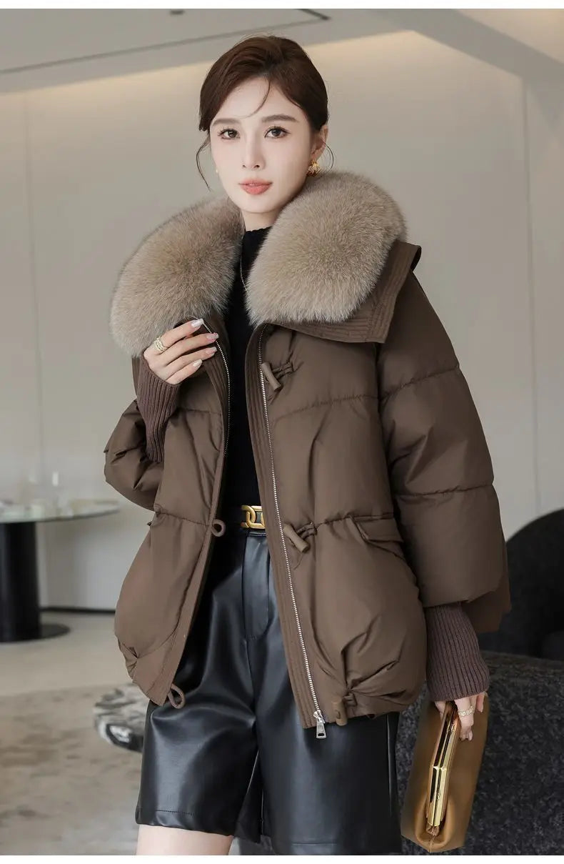 Winter New Fur Collar Puffer Down Parka Loose Down Warmer Thicken Snow Jacket Pocket Zipper Faux Fur Outerwear Female