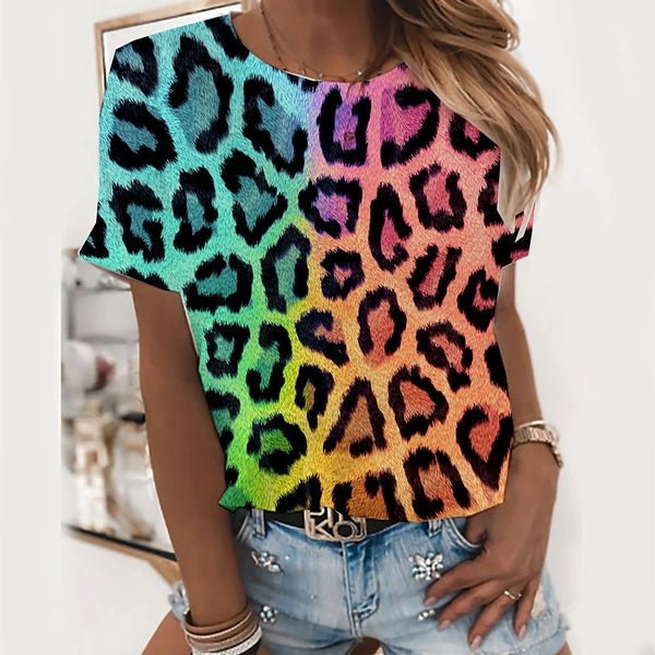 Sexy Women's T-shirt Fashion Leopard Printed Casual Short Sleeve Tshirt For Girls Street Beautiful Tees O-neck Ladies Top Shirt