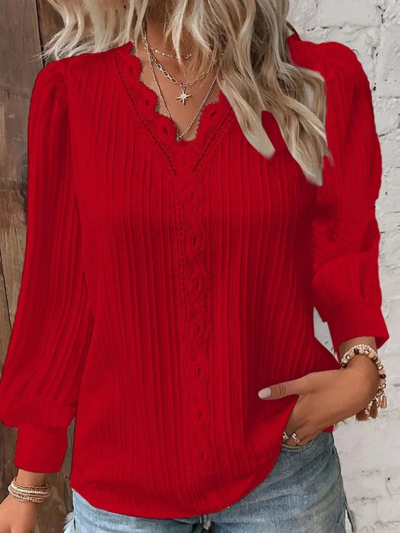 Woman Lace Stitching V-Neck Simple Black Chiffon Shirt Autumn Lantern Long Sleeve Pullover Top Fashion Lady Elegant Street Blous