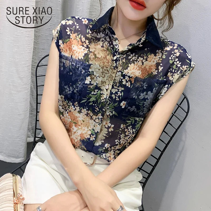 Print Blouse Women Ladies Tops Blusas Mujer Summer Floral Chiffon Women Shirts Casual Sleeveless Female Clothing 10225