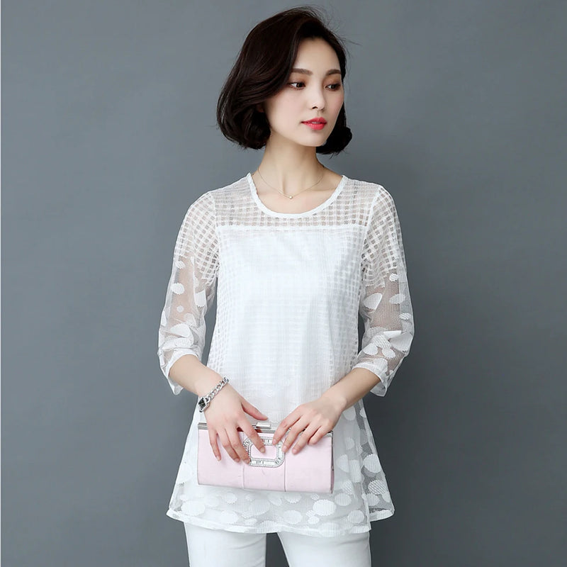 Summer Women Blouses Shirt Chiffon Women Tops New Fashion Women Shirts Blusas White Red Black Lace Mesh Ladies Blouses 811E