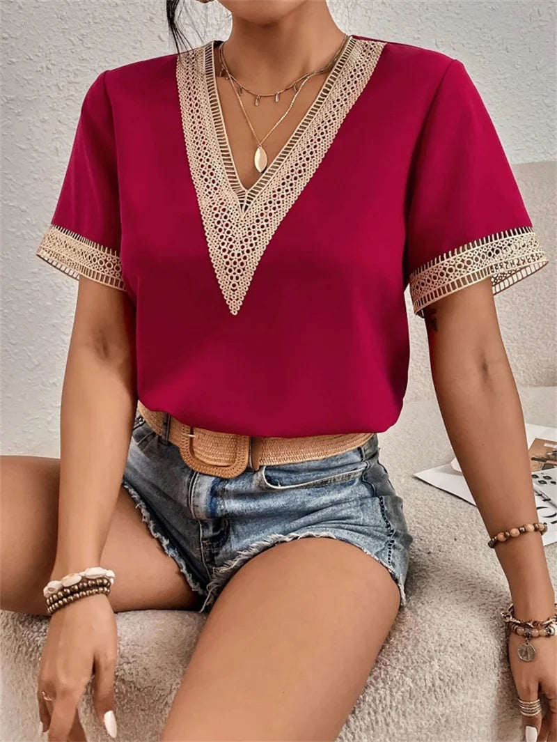 Women's V-neck Splicing Lace Blouse Elegant Commuter Loose Short Sleeve Shirt Female 2023 Summer British Style Daily Casual Tops