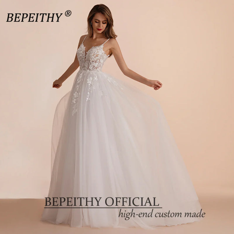 BEPEITHY Boho Ivory A Line Lace Wedding Dresses For Bride Women 2023 Sleeveless Floor Length Sexy Garden White Bridal Gown New