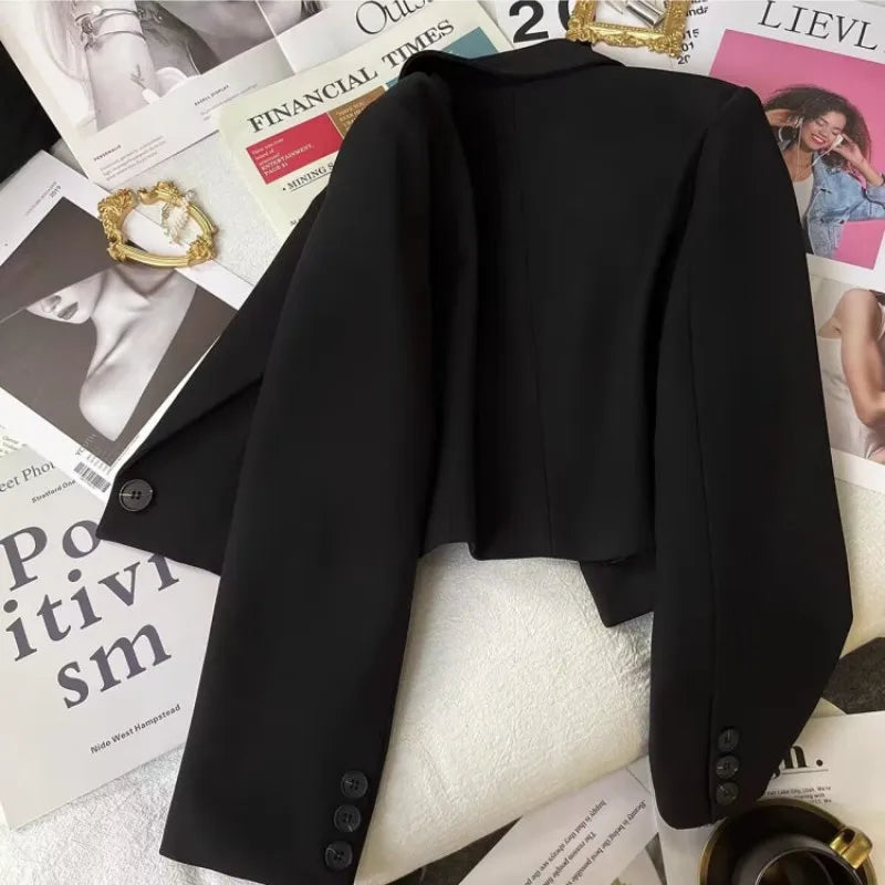 Korean Cropped Blazers Women Autumn Solid Color Simple Single-button Outwear Teens All-match Long Sleeve Office Lady Suit Jacket