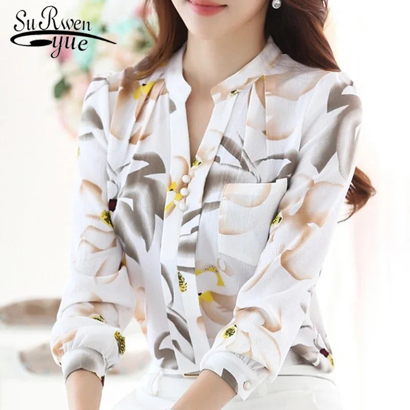 Autumn New Fashion Ladies Tops Elegant V-Neck Slim Chiffon Blouse Women's Clothing 2023 Office-lady Lady New Shirt Blusa 882G