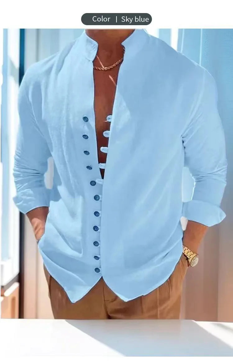 Men's long sleeve shirt cotton linen vintage solid color large size cardigan shirt casual loose high quality fashion men's wear