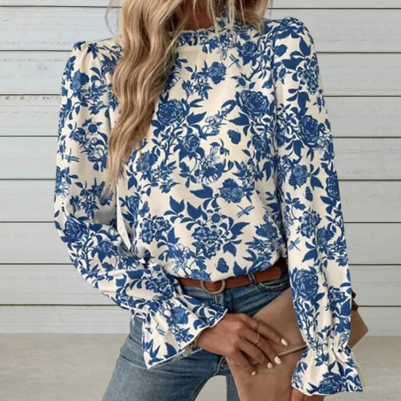 Elegant 2023 Women Shirt Ruffle Cuffs Long Sleeve Lace Trim Mock Neck  Floral Pattern Blouse Top