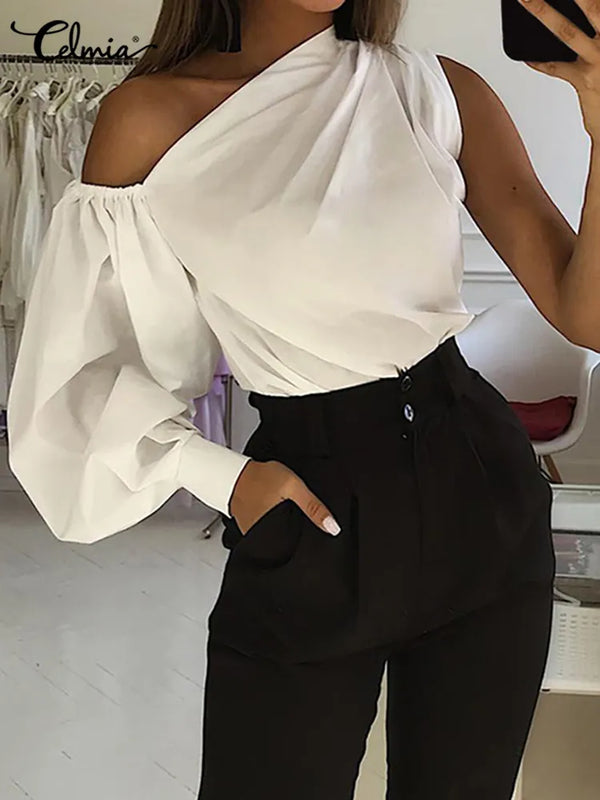 Celmia Asymmetrical Blouses Women 2023 Summer Off Shoulder Blusas Female Fashion Lantern Long Sleeve Shirts One Shoulder Tops