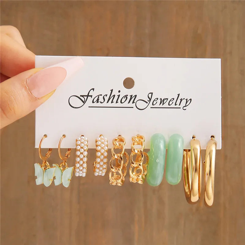 Boho Big Circle Hoop Earring Set for Women, Gold Color Bohemia Vintage Pearl Earring, Heart Zircon Ear Studs Jewelry Gifts