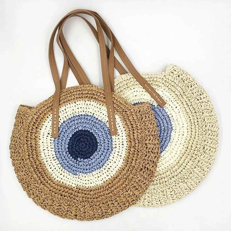 Handmade Round Woman Shoulder Bag Bohemian Straw Bags Woven Handbag Summer Beach Bag Female Large Capacity Rattan Knitting Tote